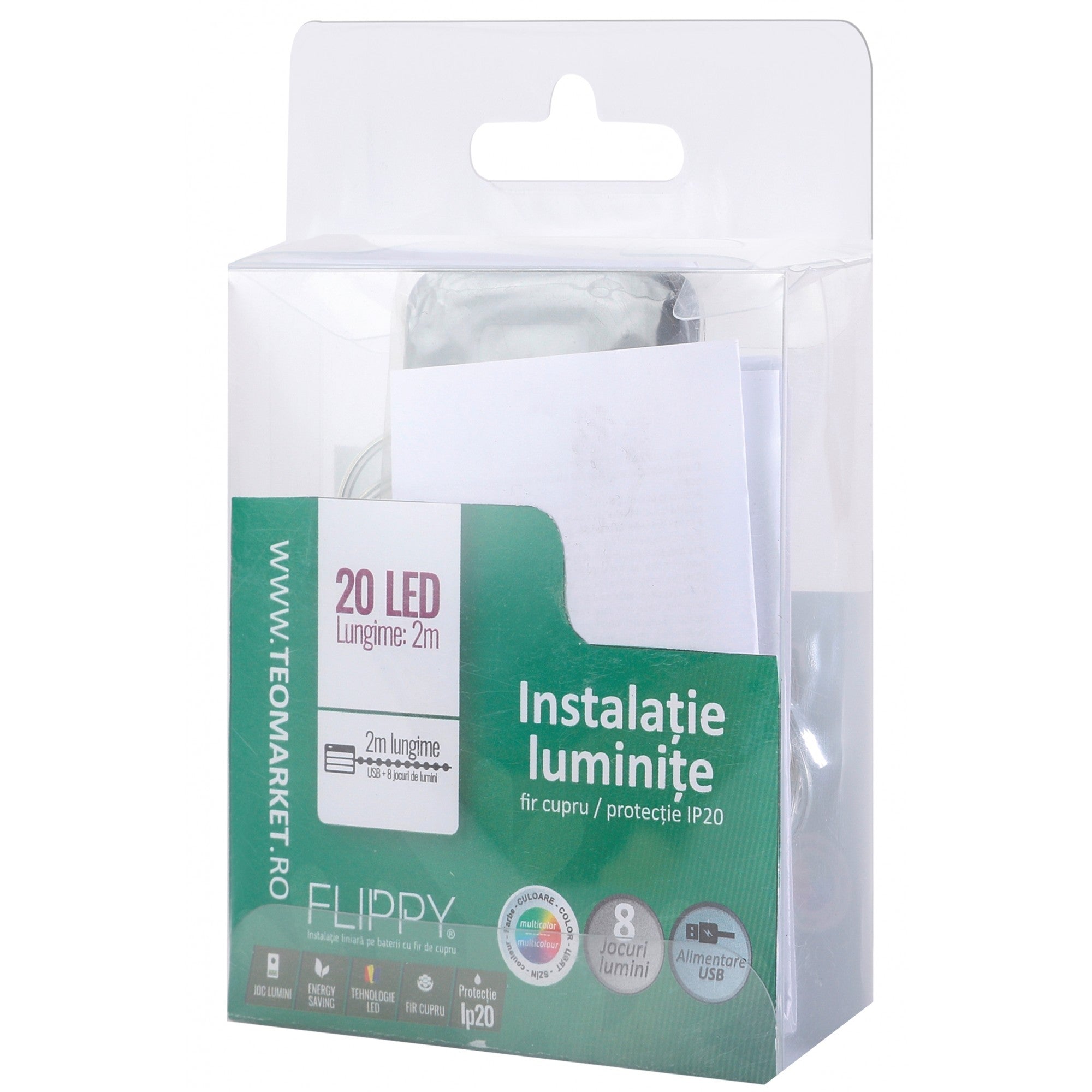Instalatie Craciun, 2 metri, 20 LED-uri, multicolor, telecomanda 8 functii, USB, fir cupru, liniar, interior/exterior