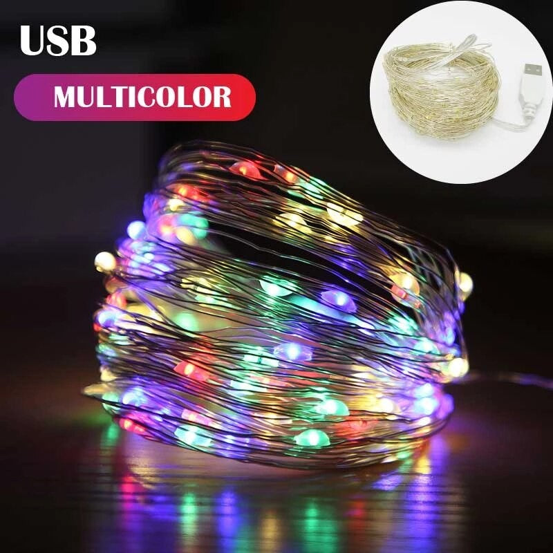 Instalatie Craciun, 2 metri, 20 LED-uri, multicolor, telecomanda 8 functii, USB, fir cupru, liniar, interior/exterior