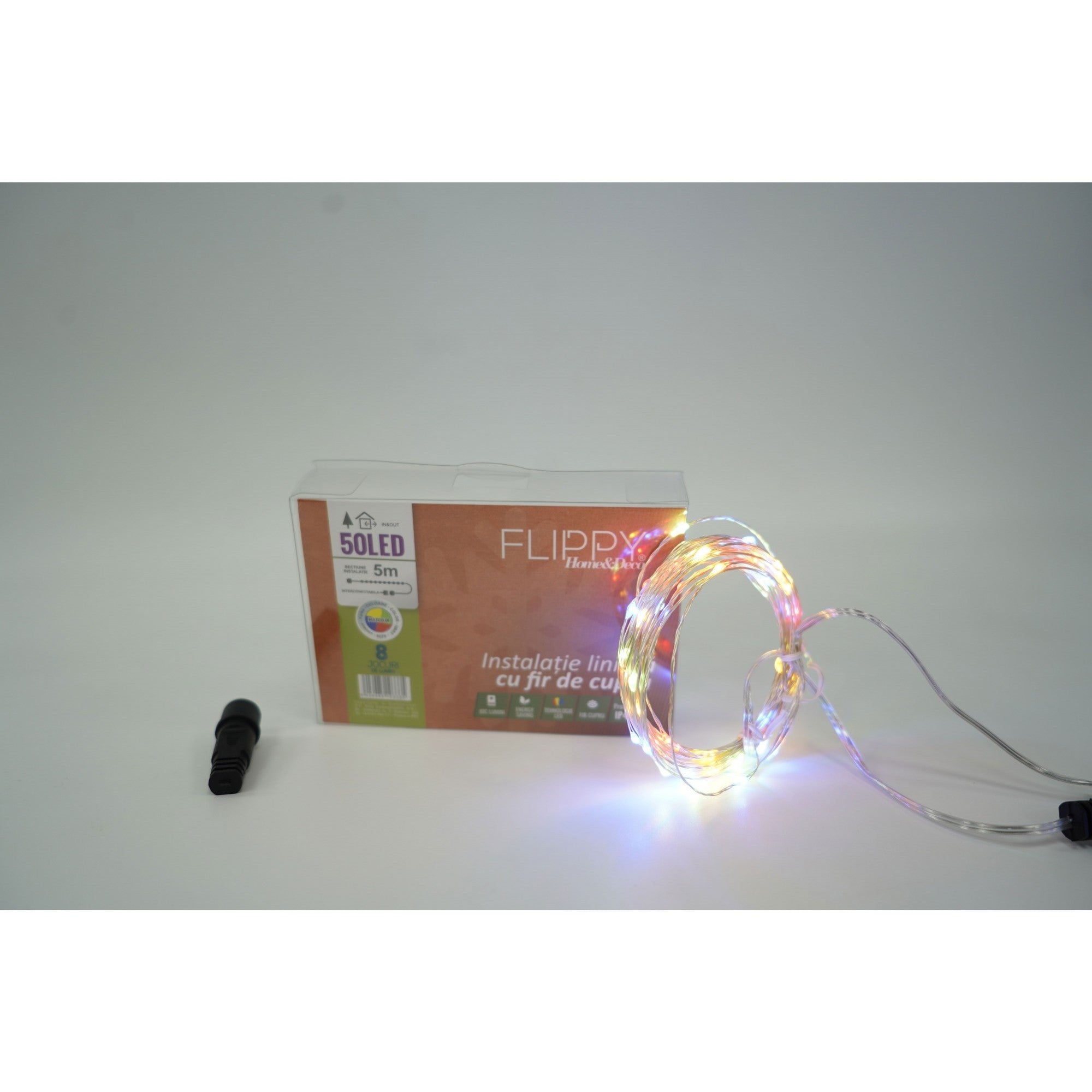 Instalatie Craciun, 20 m, 200 Led-uri, Liniara, Multicolor, 8 jocuri de lumini, Transformator, Interconectabila, Prelungitor 3 m inclus, Fir Cupru