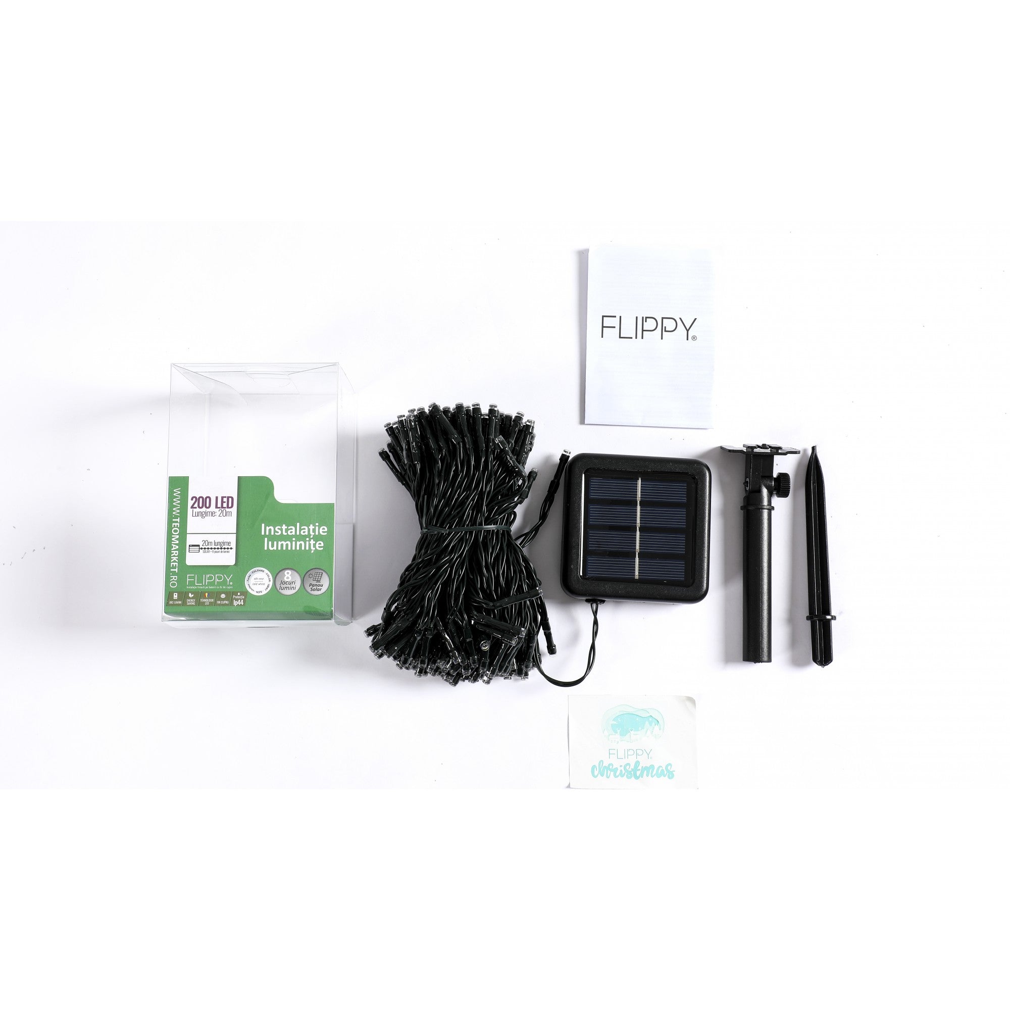 Instalatie Craciun, 20 metri, 200 de LED-uri, Alb Rece, cu energie solara, fir de cupru, liniar, interior/exterior