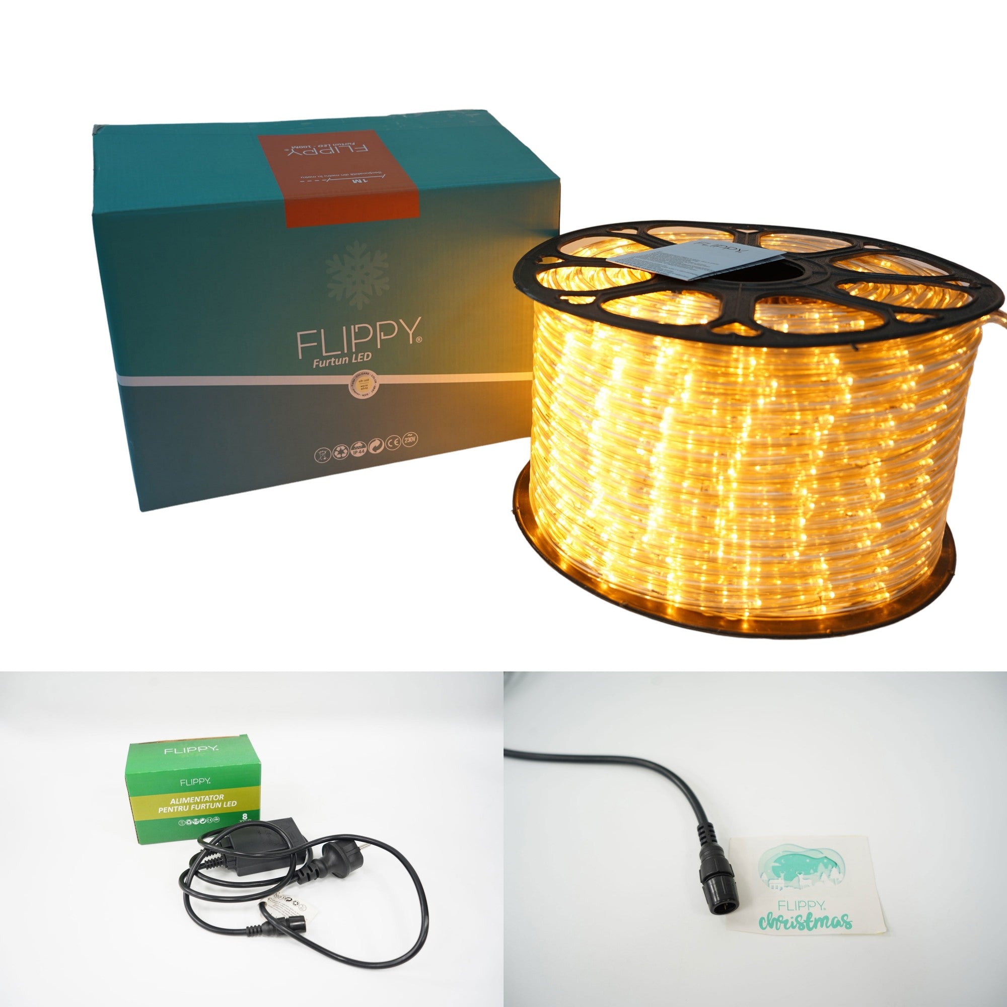 Instalatie Craciun, 28 m, 672 Led-uri,Furtun Luminos, Alb cald, 8 jocuri de lumini, Transformator, Sectionabila, 220 V