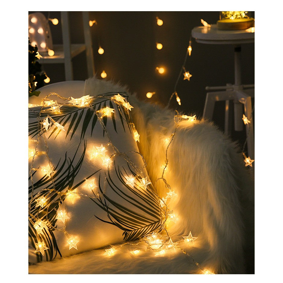 Instalatie Craciun, 3 metri, 20 LED-uri cu Ornament tip Stea, Alb Cald, telecomanda 8 functii, USB, fir cupru, liniar, interior/exterior