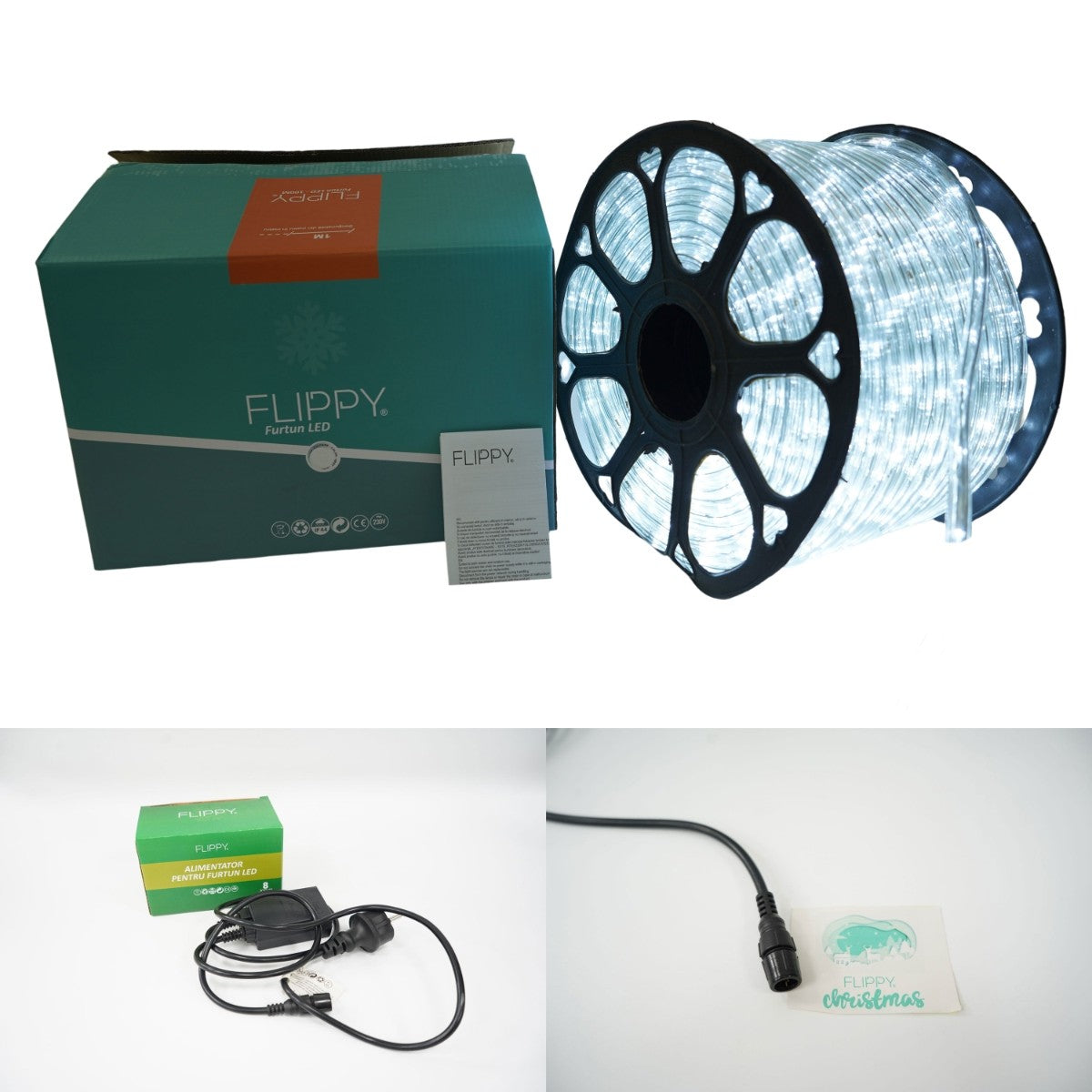 Instalatie Craciun, 30 m, 720 Led-uri, Furtun Luminos, Alb rece, Transformator, 8 jocuri de lumini, Sectionabila, 220 V