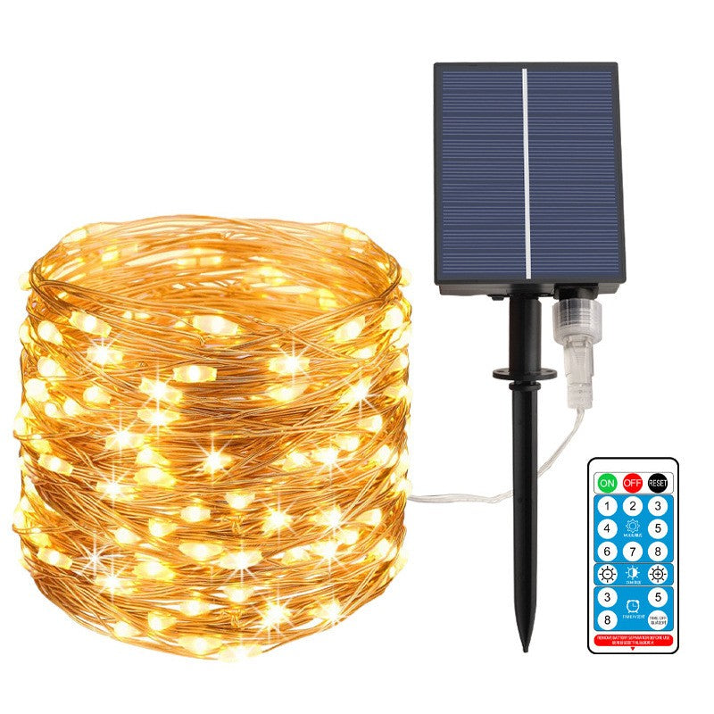 Instalatie Craciun, 300 LED-uri, 32 metri, pentru exterior cu incarcare solara, alb cald