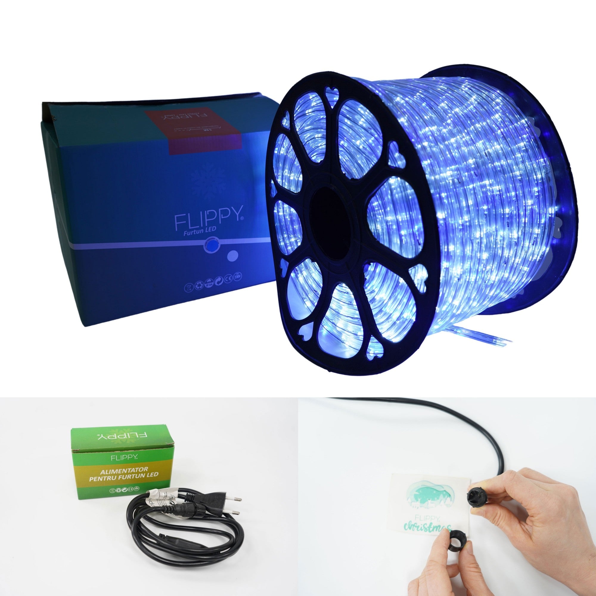 Instalatie Craciun, 31 m, 744 Led-uri, Furtun Luminos, Alb rece/ Albastru, Transformator, Sectionabila, 220 V