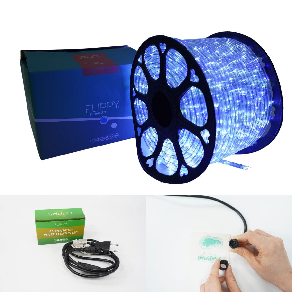 Instalatie Craciun, 31 m, 744 Led-uri, Furtun Luminos, Alb rece/ Albastru, Transformator, Sectionabila, 220 V