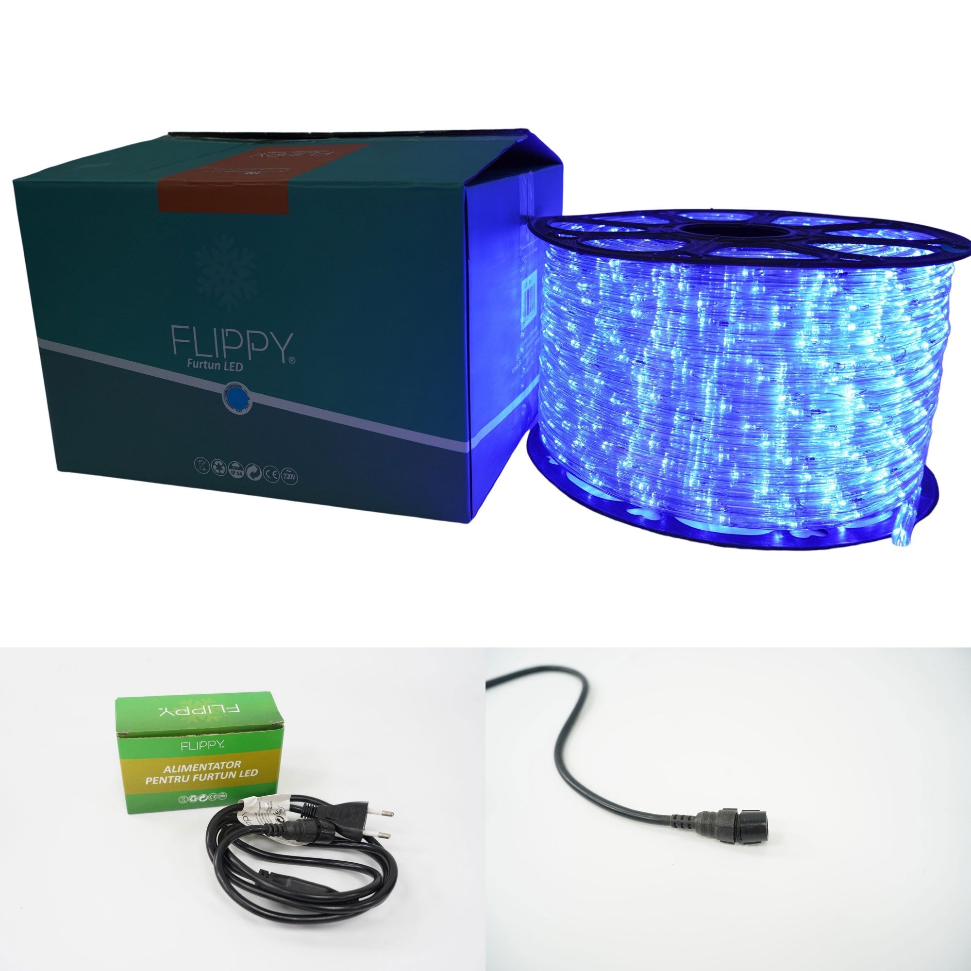 Instalatie Craciun, 33 m, 792 Led-uri, Furtun Luminos, Albastru, Transformator, Sectionabila, 220 V