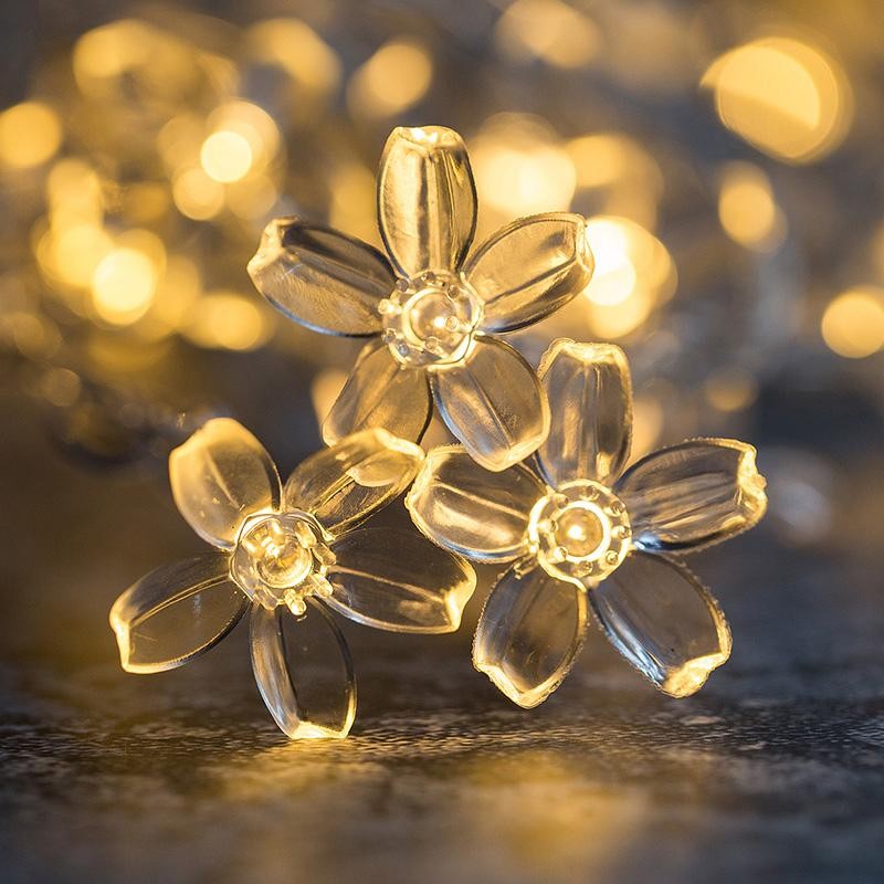Instalatie Craciun, 5 metri, 20 Becuri LED tip Flori de cires, pentru exterior cu incarcare solara, Alb cald