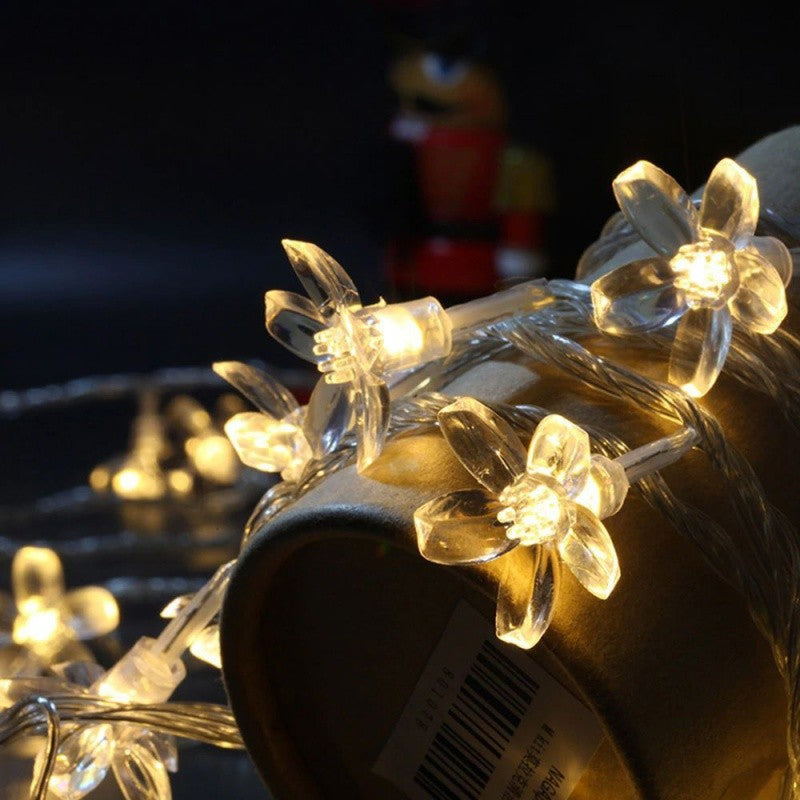 Instalatie Craciun, 5 metri, 20 Becuri LED tip Flori de cires, pentru exterior cu incarcare solara, Alb cald
