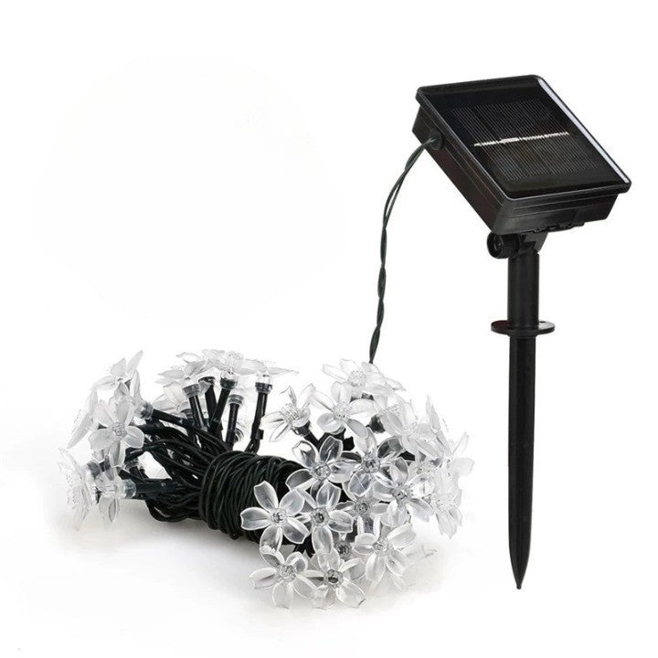 Instalatie Craciun, 5 metri, 20 Becuri LED tip Flori de cires, pentru exterior cu incarcare solara, Alb rece