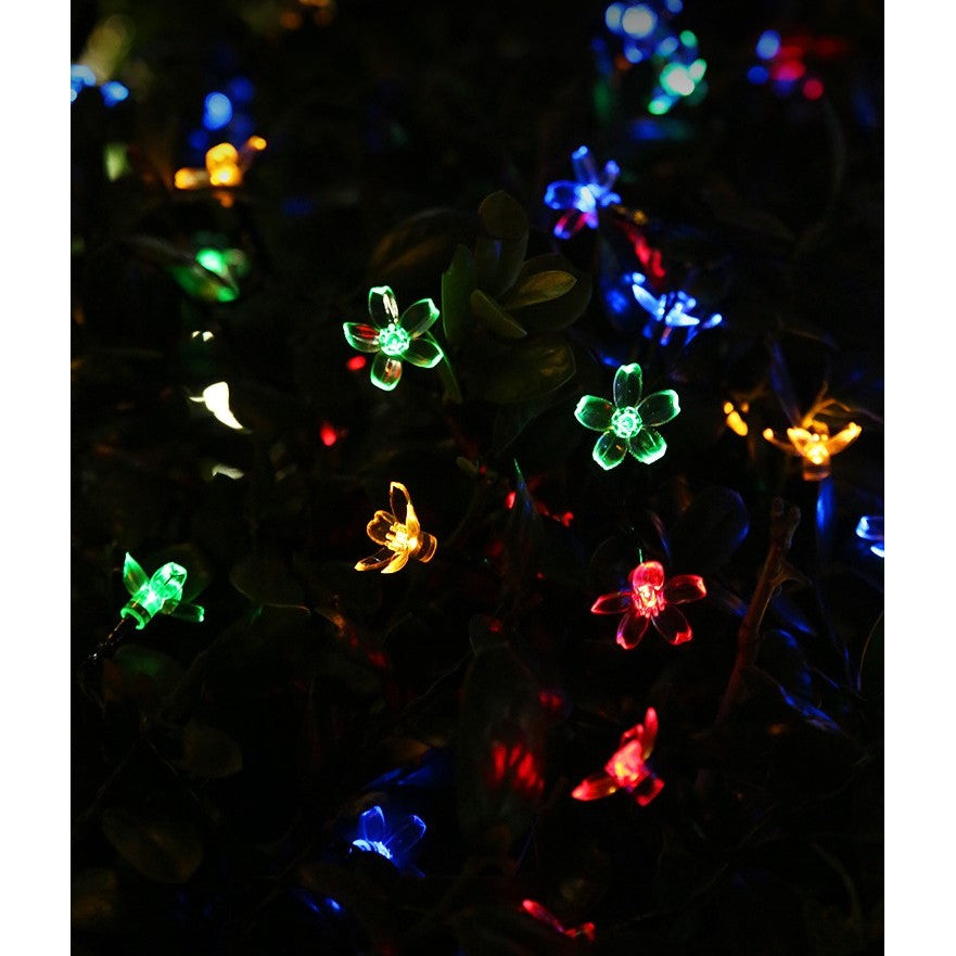 Instalatie Craciun, 5 metri, 20 Becuri LED tip Flori de cires, pentru exterior cu incarcare solara, Multicolor