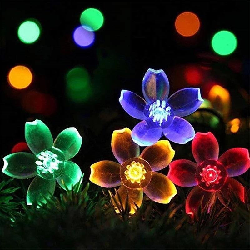 Instalatie Craciun, 5 metri, 20 Becuri LED tip Flori de cires, pentru exterior cu incarcare solara, Multicolor