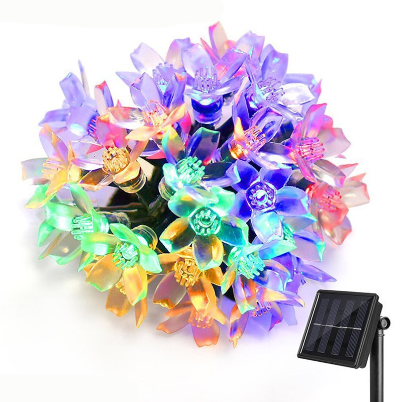 Instalatie Craciun, 5 metri, 20 Becuri LED tip Flori de cires, pentru exterior cu incarcare solara, Multicolor