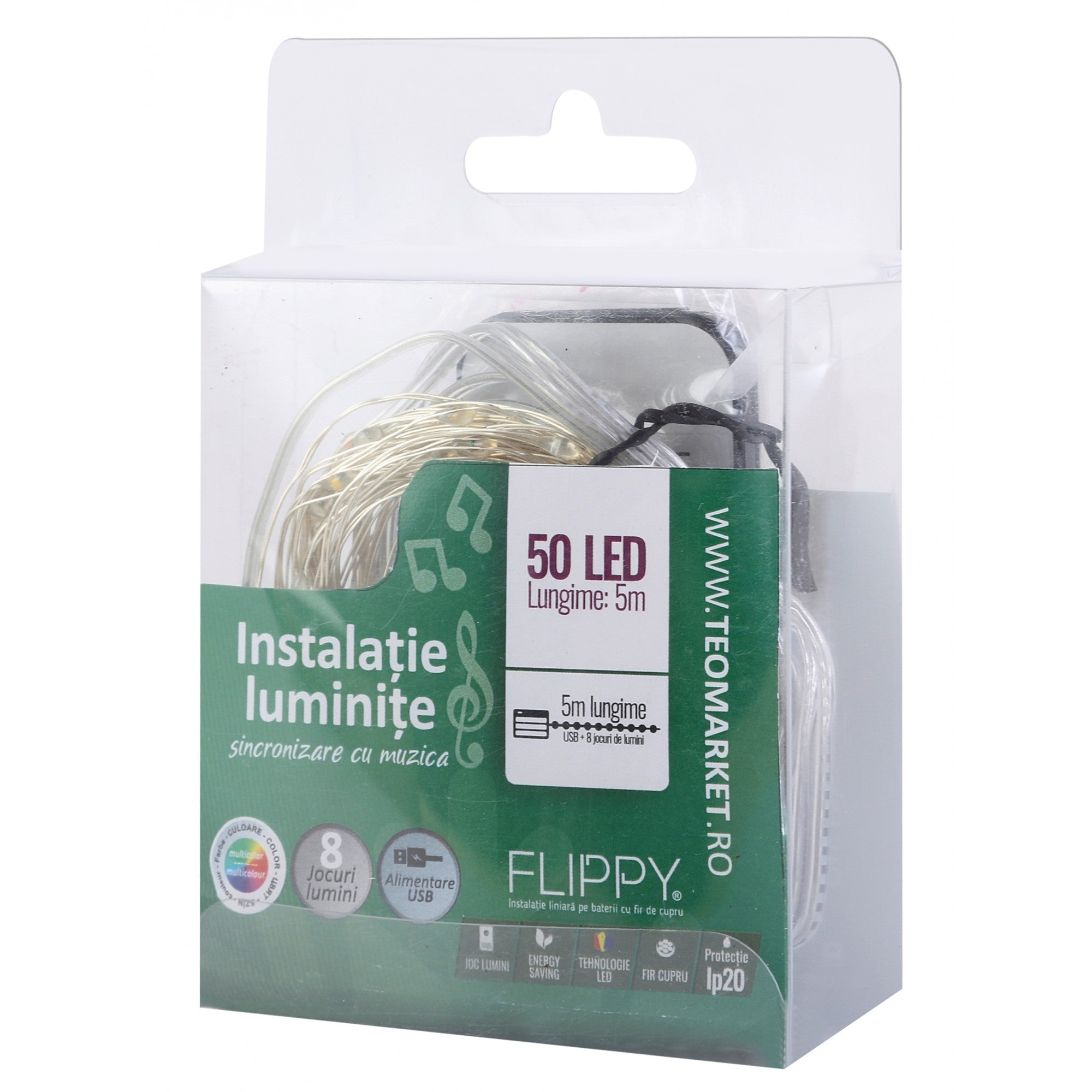 Instalatie Craciun, 5 metri, 50 LED-uri, multicolor RGB, sincronizare muzica, telecomanda 12 de functii, USB, fir cupru, liniar, interior/exterior