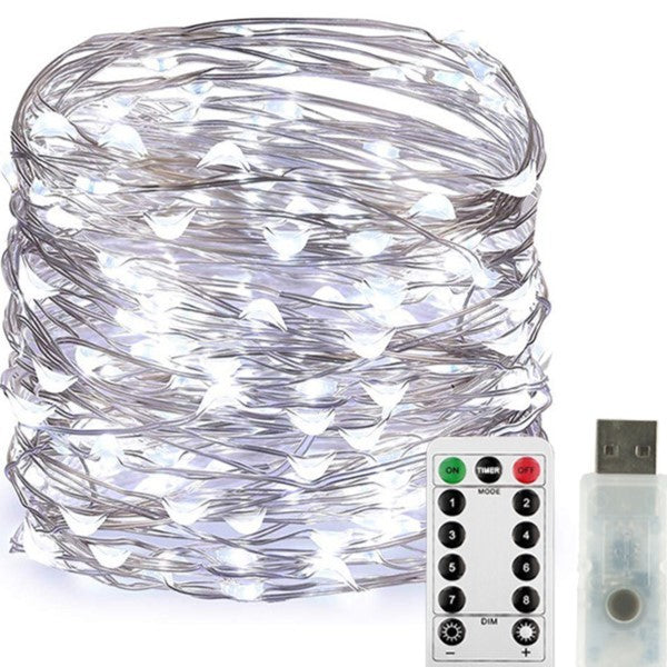 Instalatie Craciun, 5 metri, 50 LED-uri, USB, Telecomanda cu 8 functii, alb rece