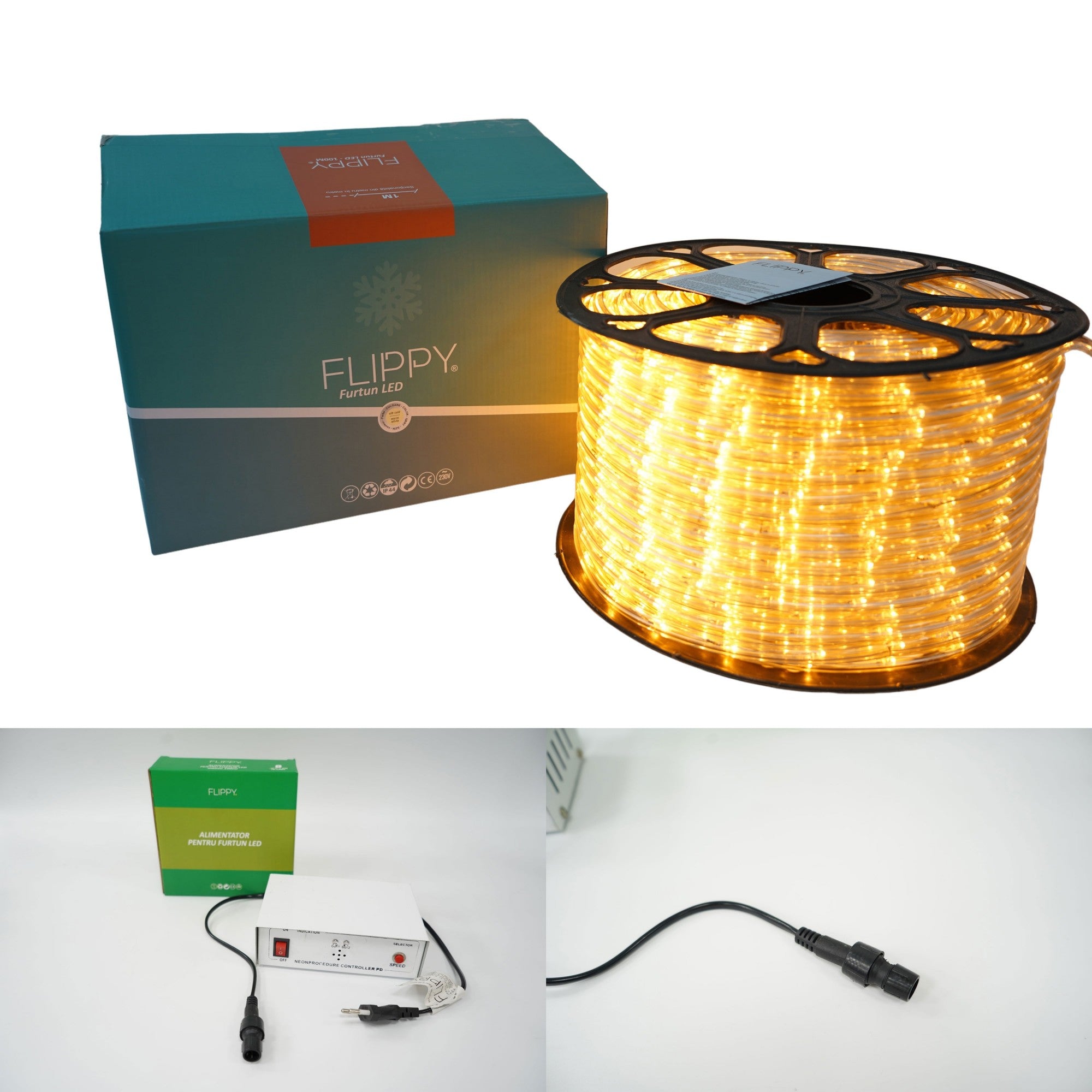 Instalatie Craciun, 56 m, 1344 Led-uri,Furtun Luminos, Alb cald, 8 jocuri de lumini, Transformator, Sectionabila, 220 V