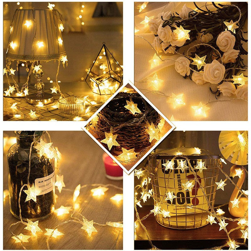 Instalatie Craciun, 6 metri, 40 LED-uri cu Ornament tip Stea, Alb Cald, telecomanda 8 functii, USB, fir cupru, liniar, interior/exterior