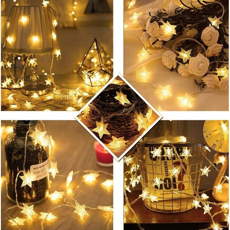 Instalatie Craciun, 6 metri,40 LED-uri cu Ornament tip Stea, Alb Cald, USB lung, fir cupru, liniar, interior/exterior