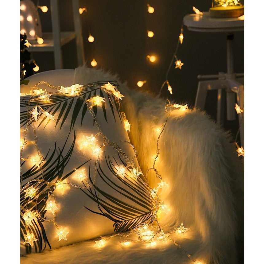 Instalatie Craciun, 6 metri,40 LED-uri cu Ornament tip Stea, Alb Cald, USB lung, fir cupru, liniar, interior/exterior