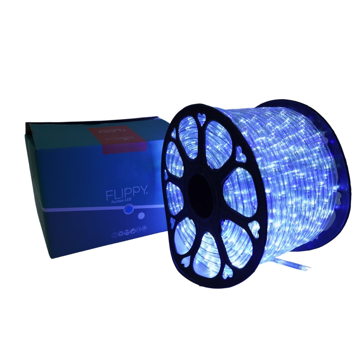Instalatie Craciun, 74 m, 1776 Led-uri, Furtun Luminos, Alb rece/ Albastru, Transformator, 8 jocuri de lumini, Sectionabila, 220 V