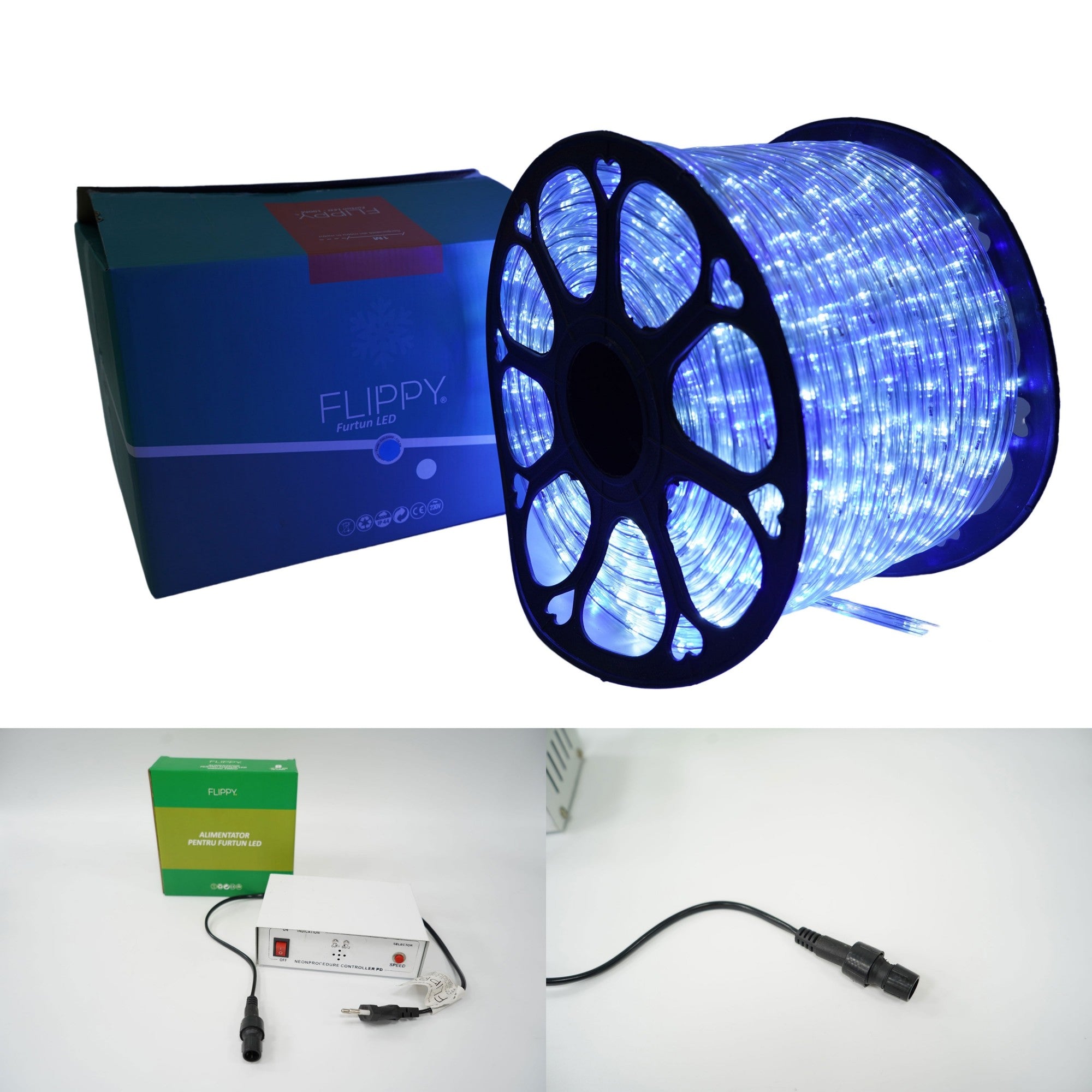 Instalatie Craciun, 78 m, 1872 Led-uri, Furtun Luminos, Alb rece/ Albastru, Transformator, 8 jocuri de lumini, Sectionabila, 220 V