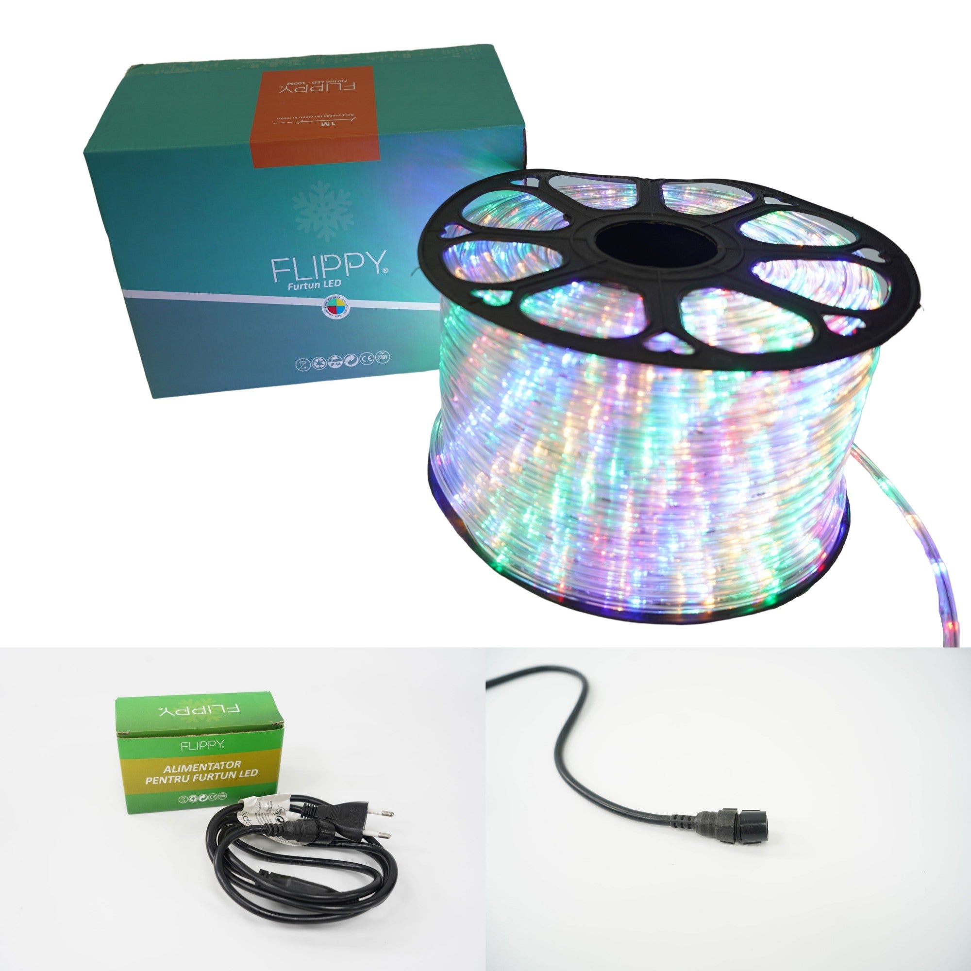 Instalatie Craciun, 83 m, 1992 Led-uri, Furtun Luminos, Multicolor, Transformator, Sectionabila, 220 V