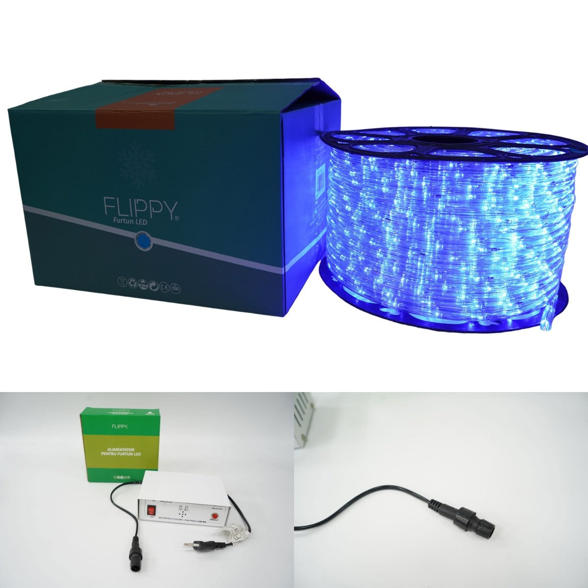 Instalatie Craciun, 85 m, 2040 Led-uri, Furtun Luminos, Albastru, Transformator, 8 jocuri de lumini, Sectionabila, 220 V