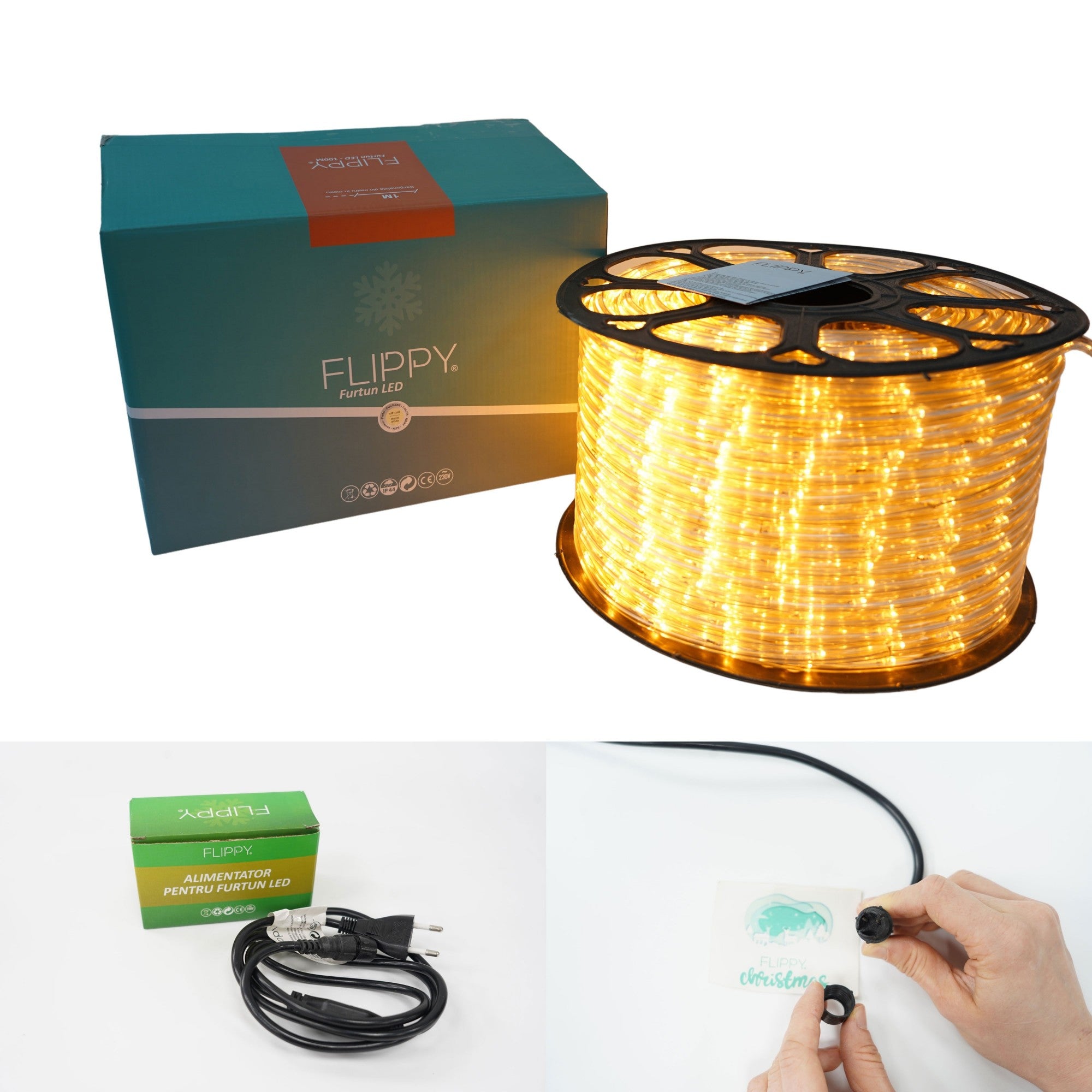 Instalatie Craciun, 94 m, 2256 Led-uri, Furtun Luminos, Alb cald, Transformator, Sectionabila, 220 V