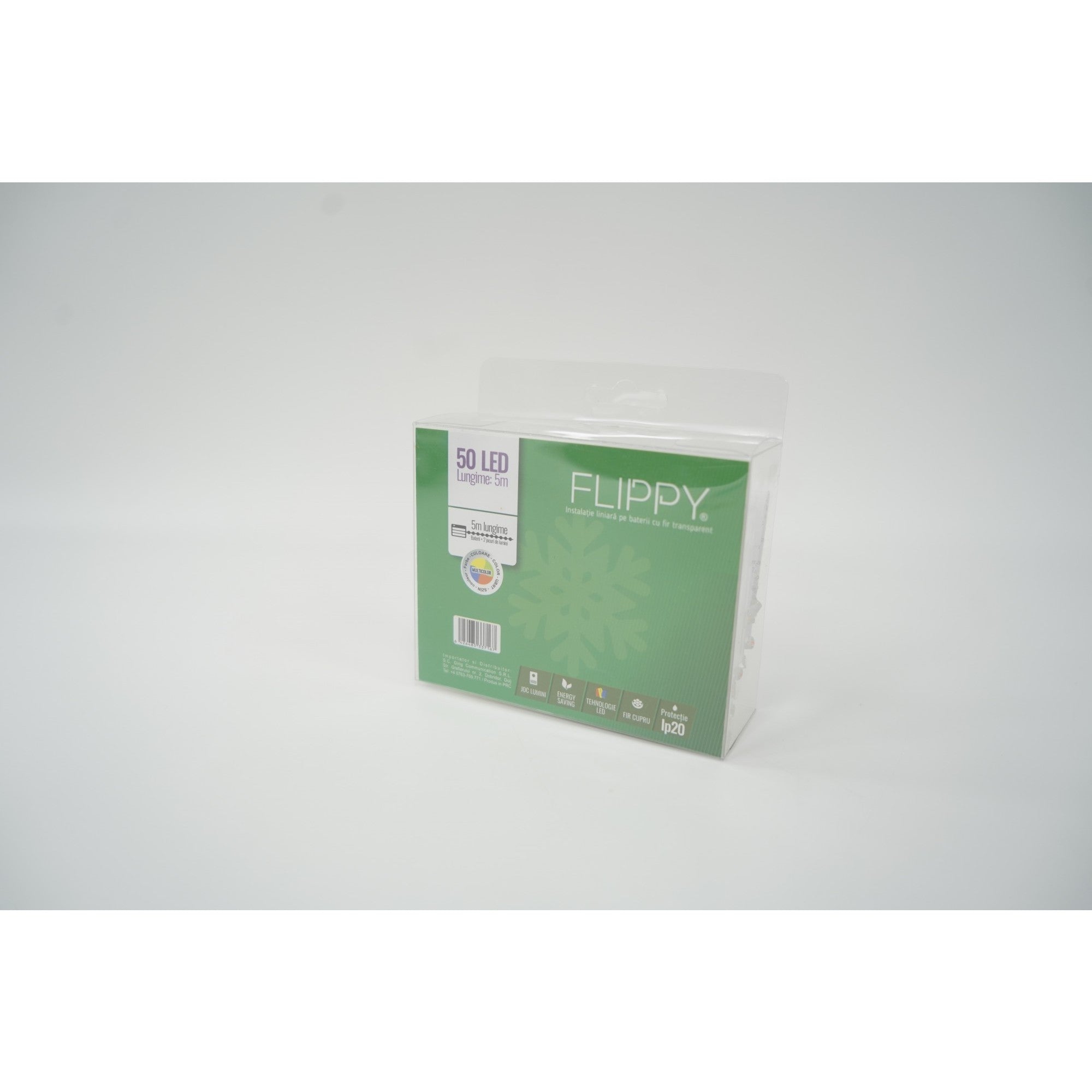 Instalatie Craciun cu ornamente tip glob, 5 m, 50 LED-uri, Multicolor, Baterii, Fir Transparent, Flippy