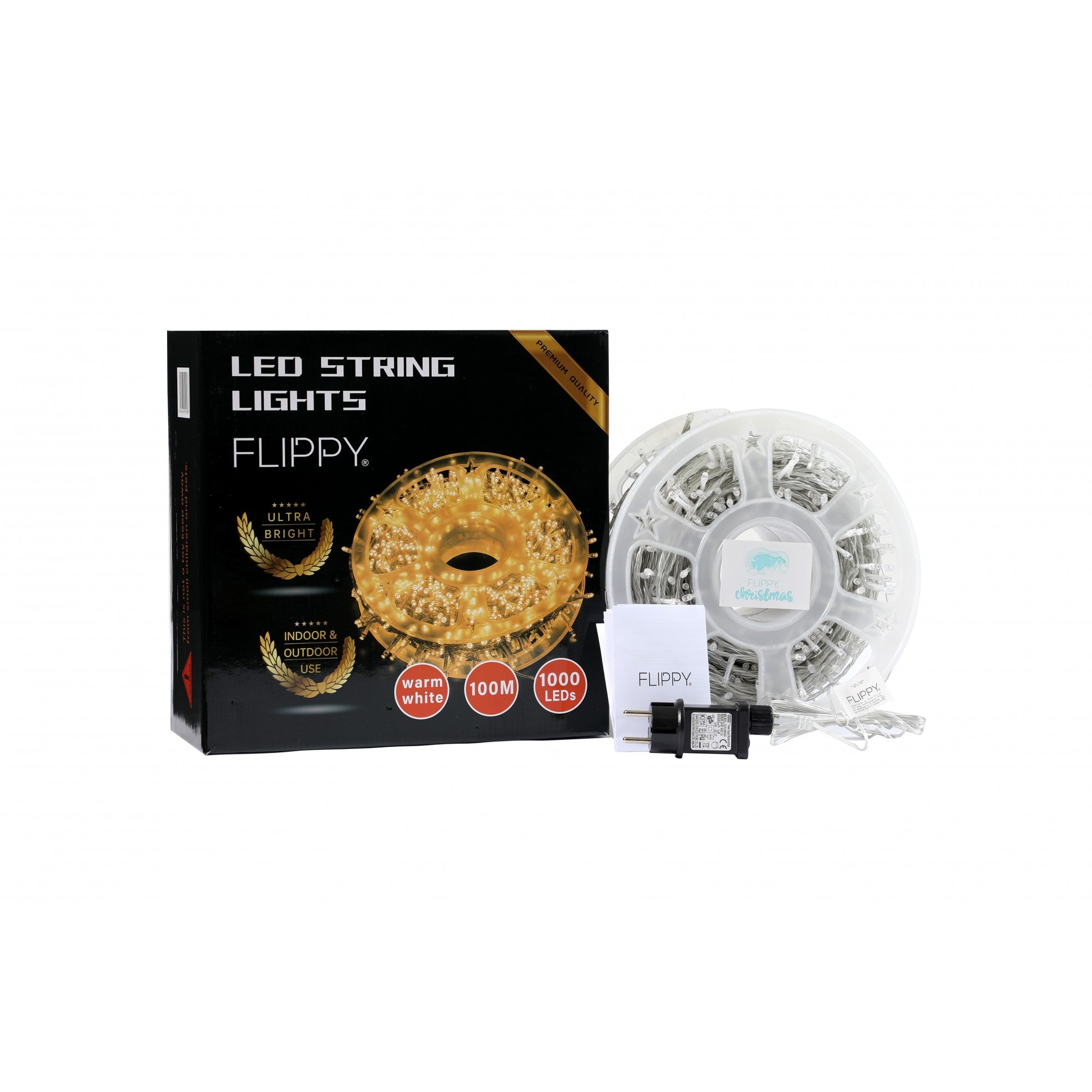Instalatie Craciun liniara cu transformator, 100m, alb cald, 1000 LED-uri, fir transparent, 8 jocuri de lumini