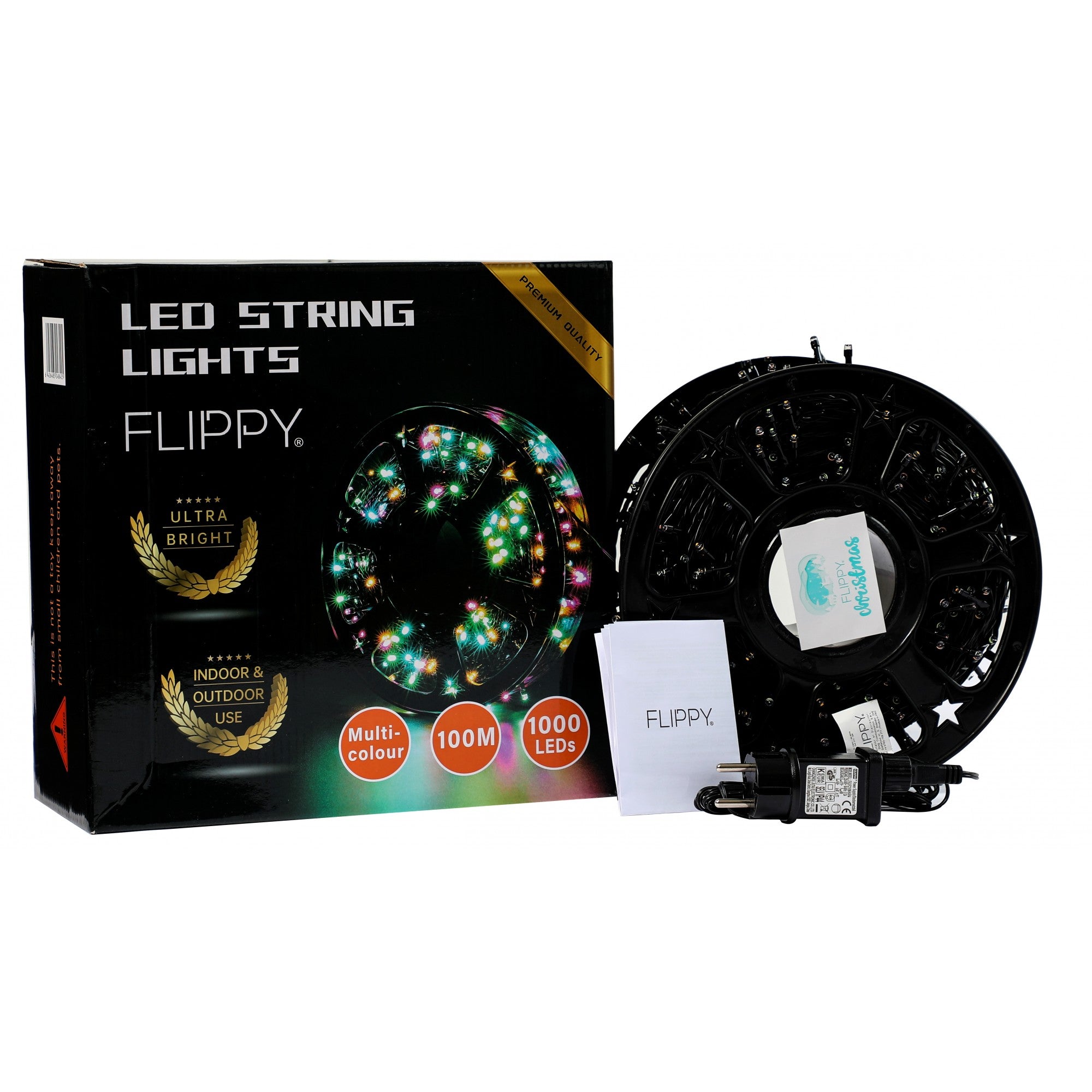 Instalatie Craciun liniara cu transformator, 100m, multicolor, 1000 LED-uri, fir negru, 8 jocuri de lumini