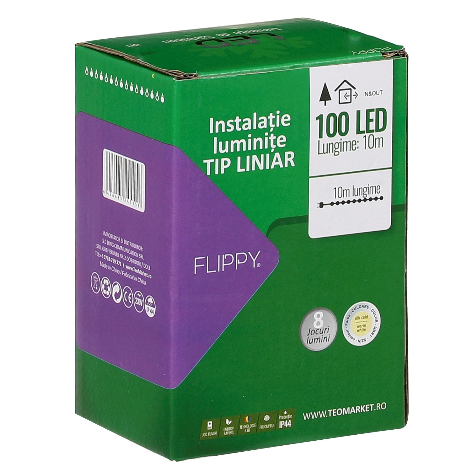Instalatie Craciun liniara, cu transformator 31V, 10m, alb cald, 100 LED-uri V5, 8 jocuri de lumini, Fir verde