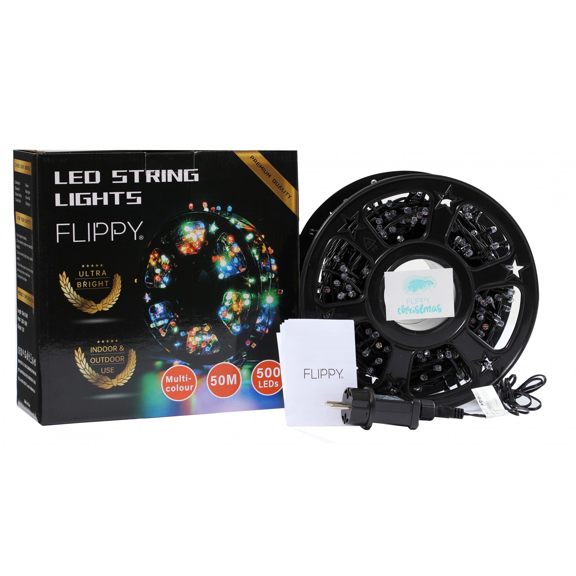 Instalatie Craciun liniara, fir negru, cu transformator, 50m, multicolor, 500 LED-uri, 8 jocuri de lumini