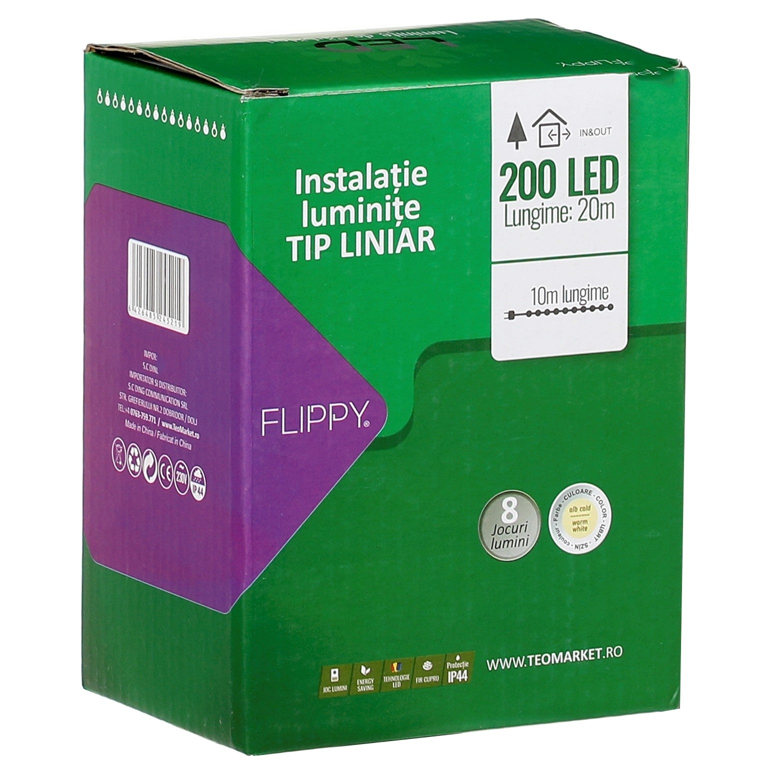 Instalatie Craciun liniara, cu transformator, 20 m, Alb Cald, 200 LED-uri V5, 8 jocuri de lumini, fir verde