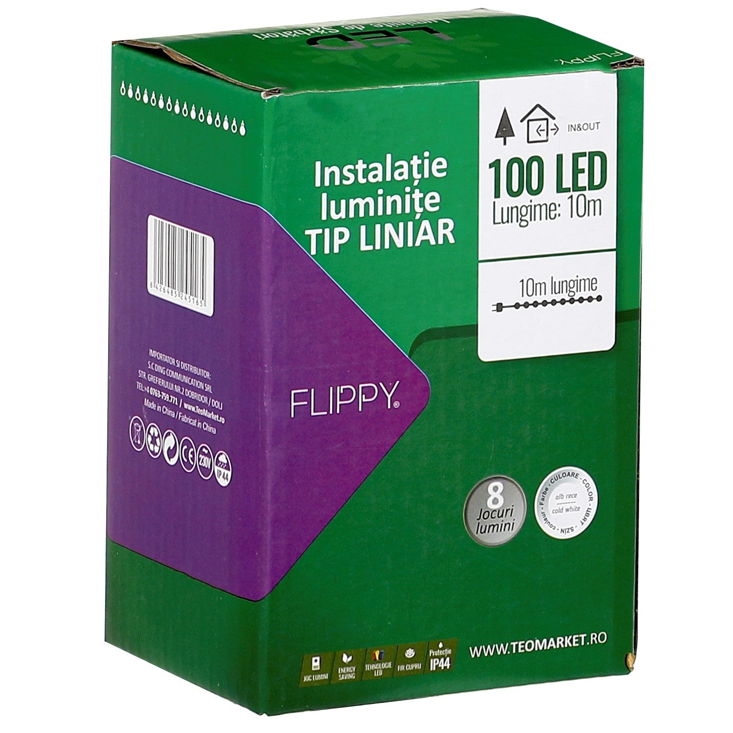 Instalatie Craciun liniara, cu transformator 31V, 10m, Alb Rece, 100 LED-uri V5, 8 jocuri de lumini, Fir verde