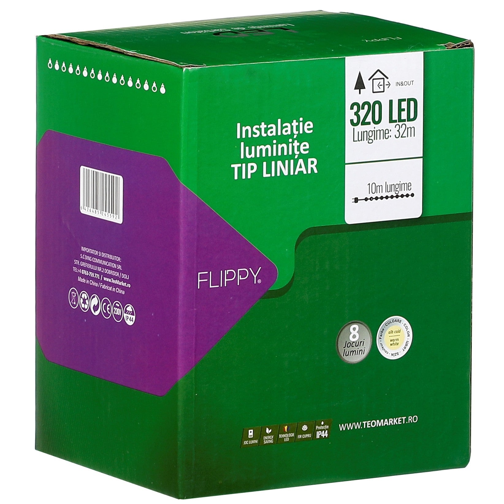 Instalatie Craciun liniara, cu transformator 31V, 32 m, Alb Rece, 320 LED-uri V5, 8 jocuri de lumini, fir verde