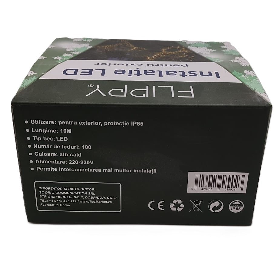 Instalatie Craciun Liniara, de Exterior, IP65, cu Alimentator 1.5 m inclus, 10 metri, 100 LED, Alb Cald