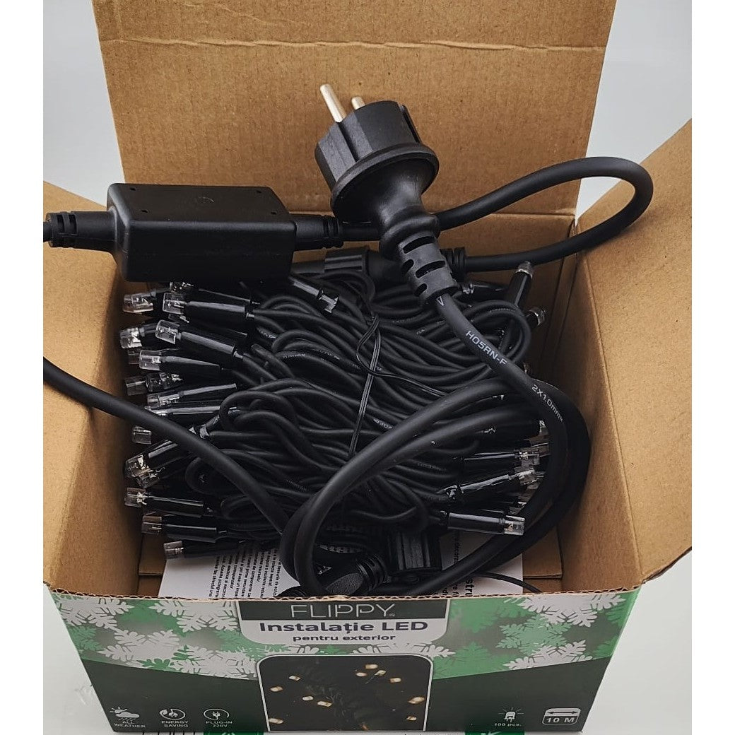 Instalatie Craciun Liniara, de Exterior, IP65, cu Alimentator 1.5 m inclus, 10 metri, 100 LED, Alb Cald