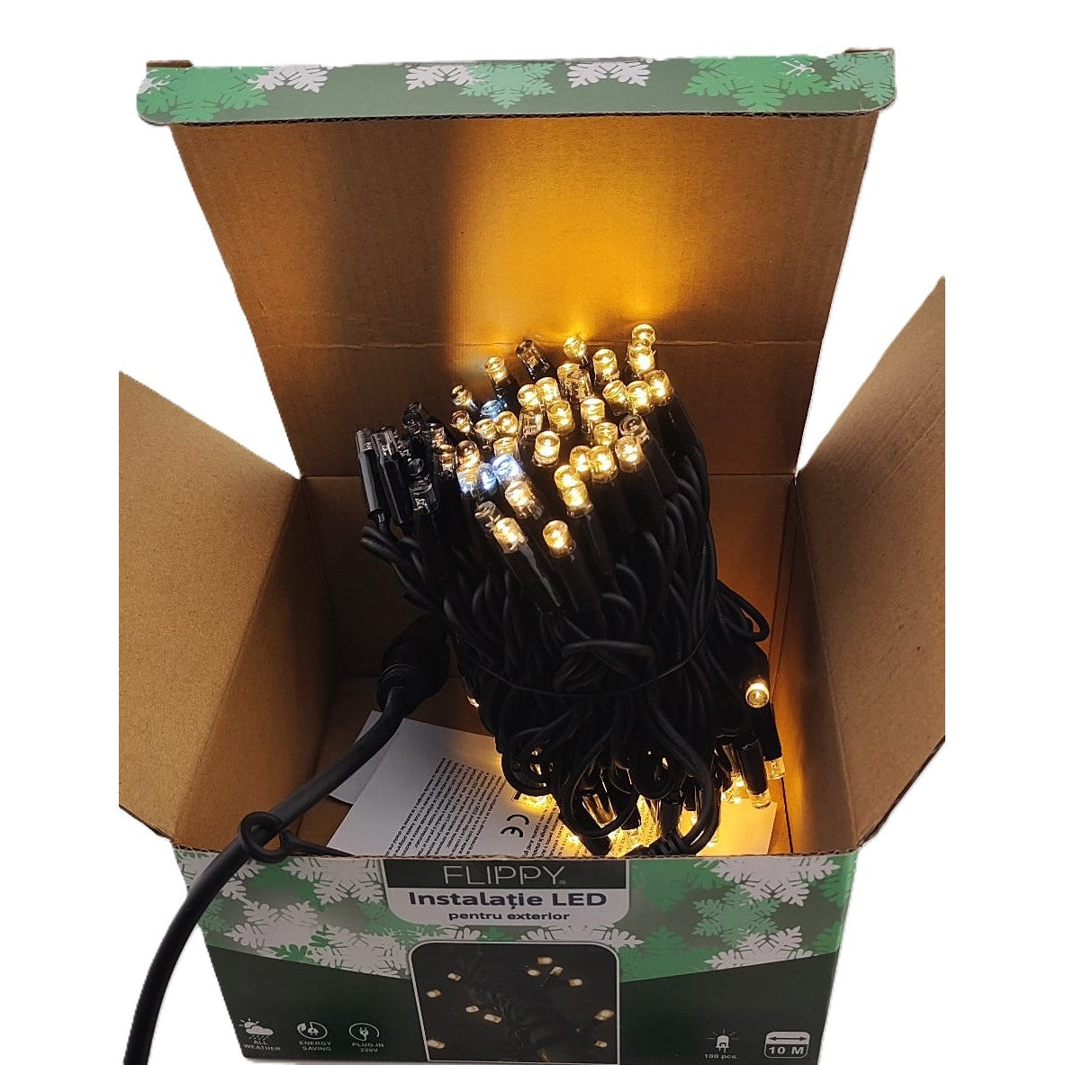 Instalatie Craciun Liniara, de Exterior, IP65, cu Alimentator 1.5 m inclus, 10 metri, 100 LED, Alb Cald