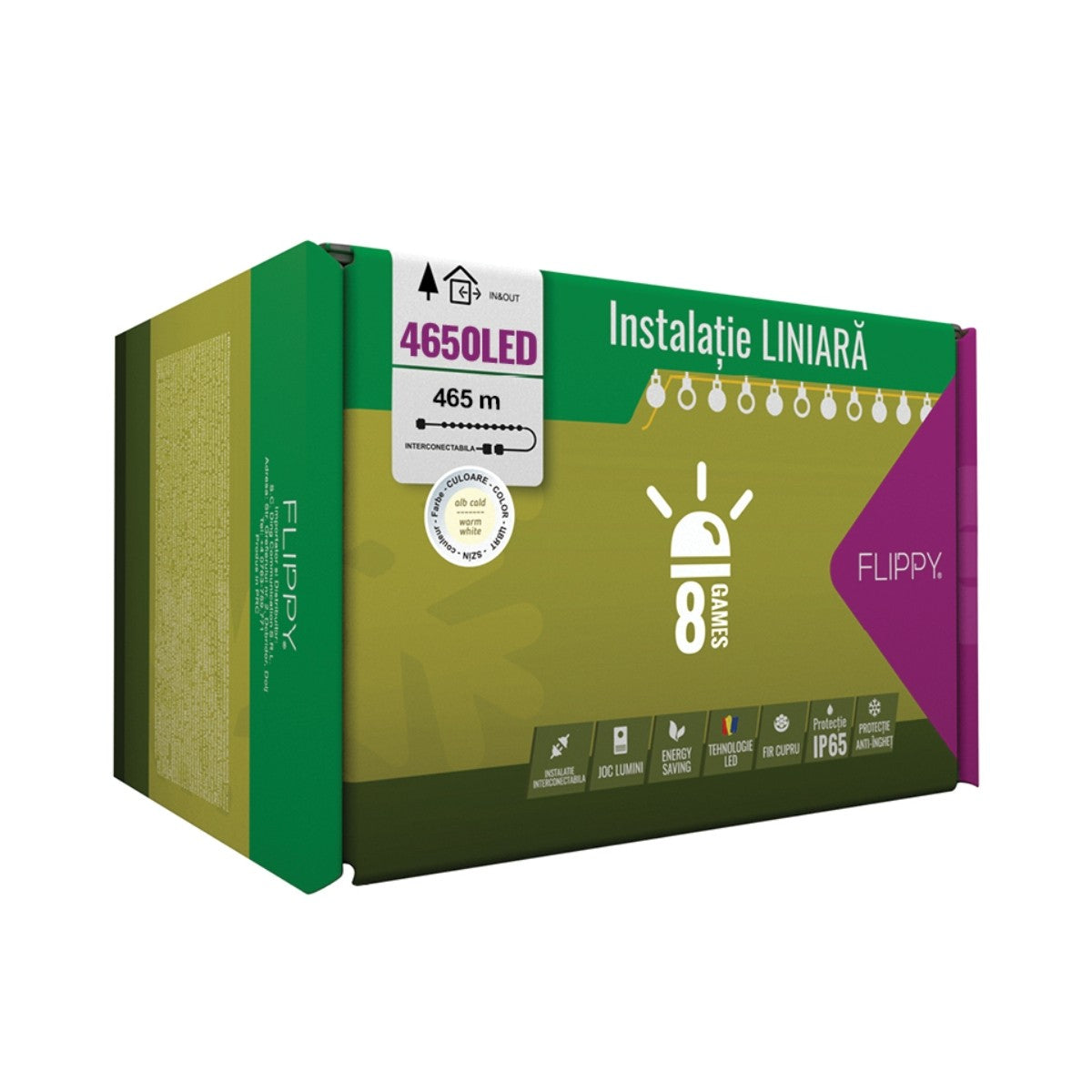 Instalatie Craciun Profesionala de Exterior IP65, 465 m, 4650 Led-uri Mari,Liniara, Alb cald, Interconectabila, Prelungitor 1.5 m inclus, Fir Negru