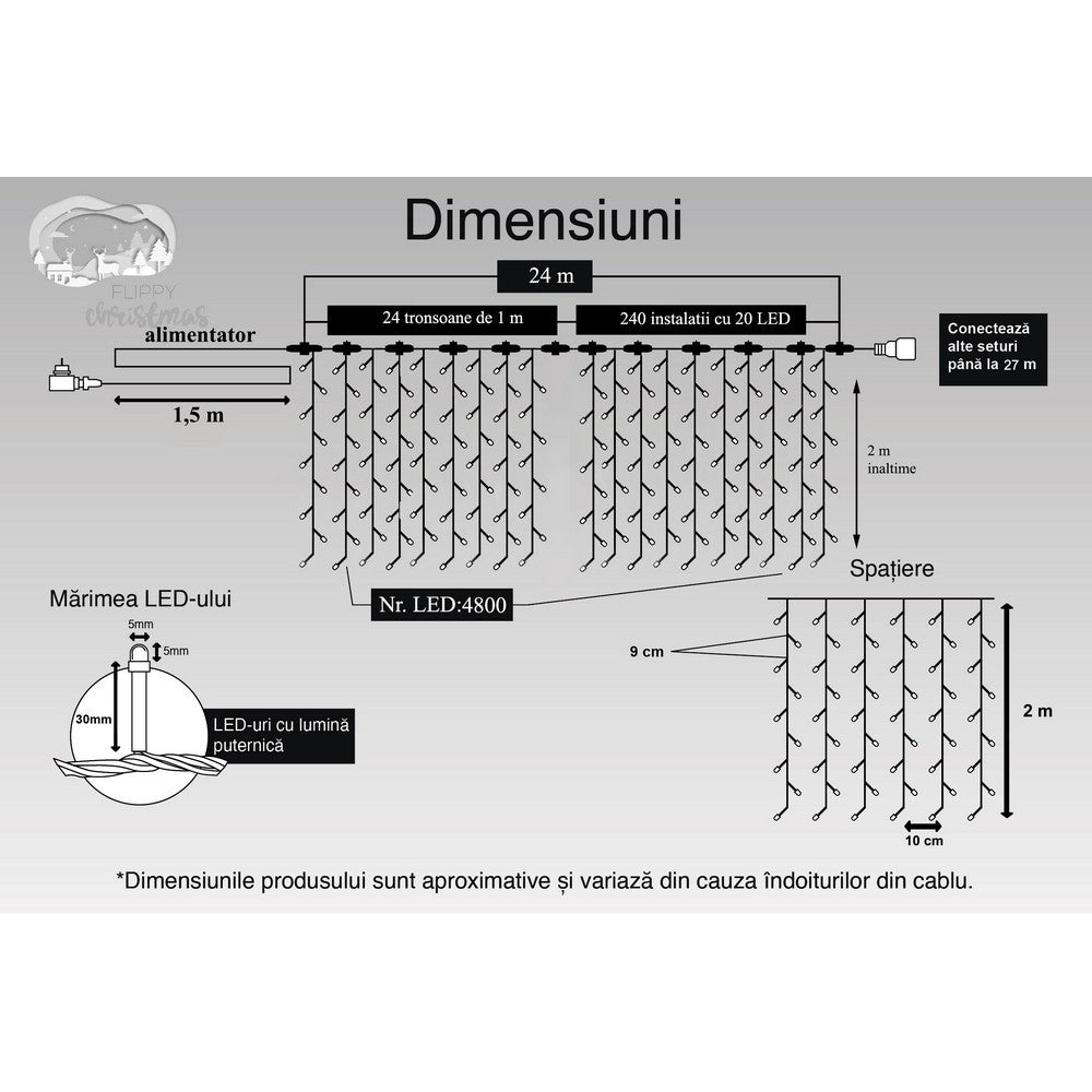 Instalatie Craciun Profesionala de Exterior IP65, Tip Perdea, 24m x 2m, 4800 Led-uri Mari, Alb cald, cu flash, Alimentator 1,5 m, Interconectabila, Fir negru, Flippy