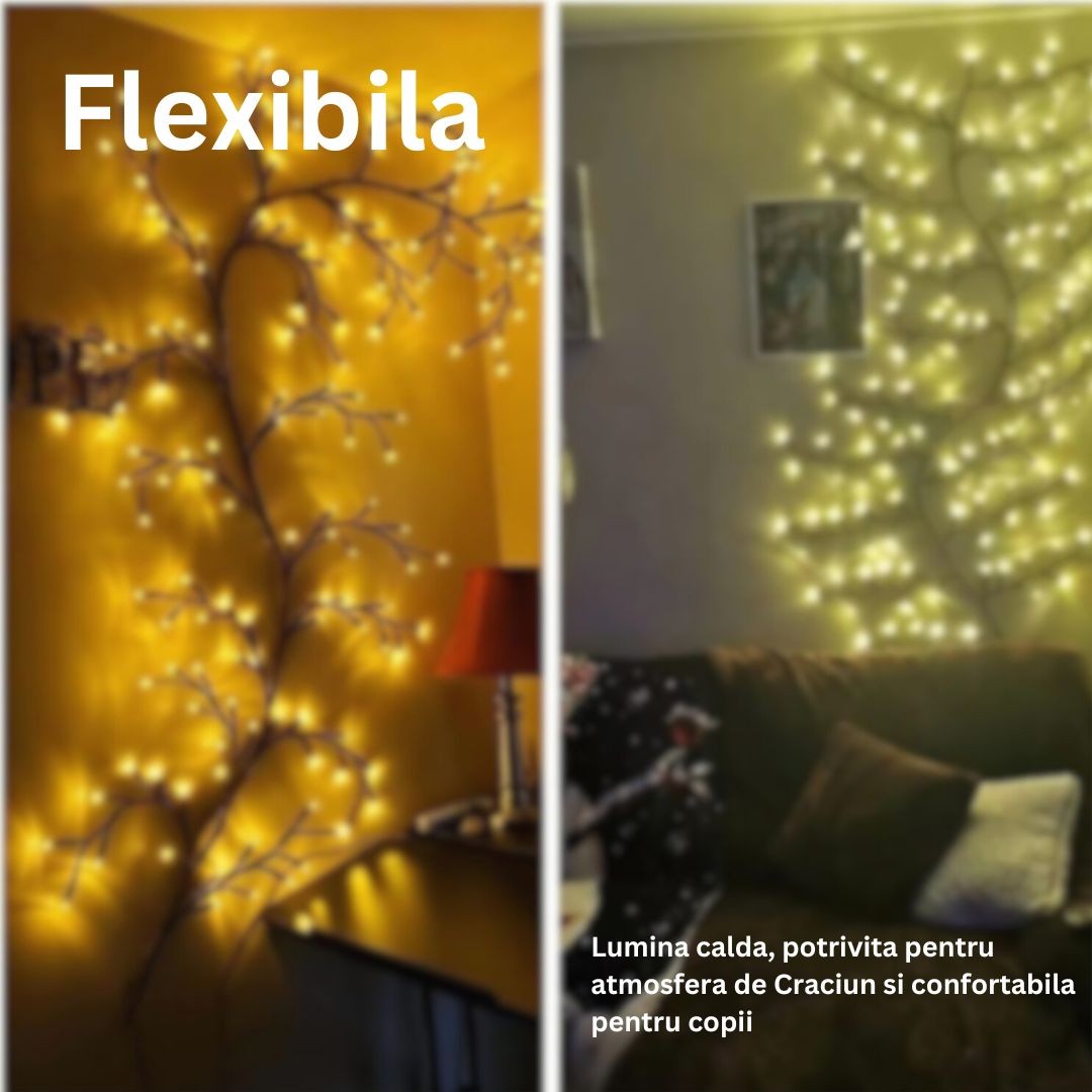 Instalatie Craciun tip Creanga 144 LED-uri, Conectare la Retea, 8 Jocuri de Lumini, Telecomanda, 2.5 m, Prelungitor 2 m, 3V, 1.5V, Fir Negru, Alb Cald