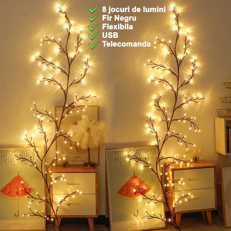 Instalatie Craciun tip Creanga 144 LED-uri, Conectare USB, 8 Jocuri de Lumini, Telecomanda, 2.5 m, Prelungitor 2 m, 3V, Fir Negru, Alb Cald