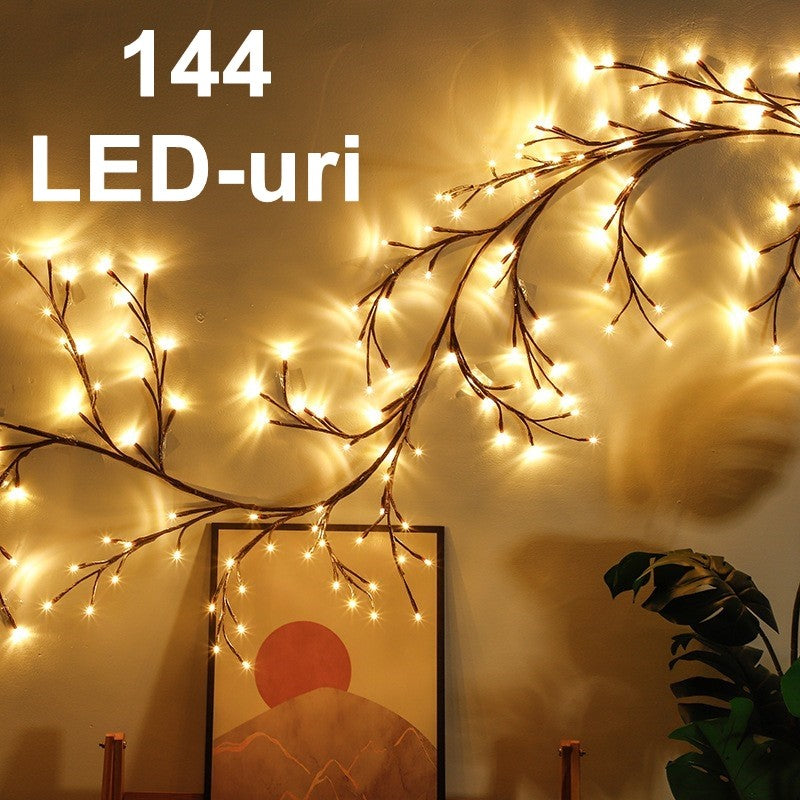 Instalatie Craciun tip Creanga 144 LED-uri, Conectare USB, 8 Jocuri de Lumini, Telecomanda, 2.5 m, Prelungitor 2 m, 3V, Fir Negru, Alb Cald