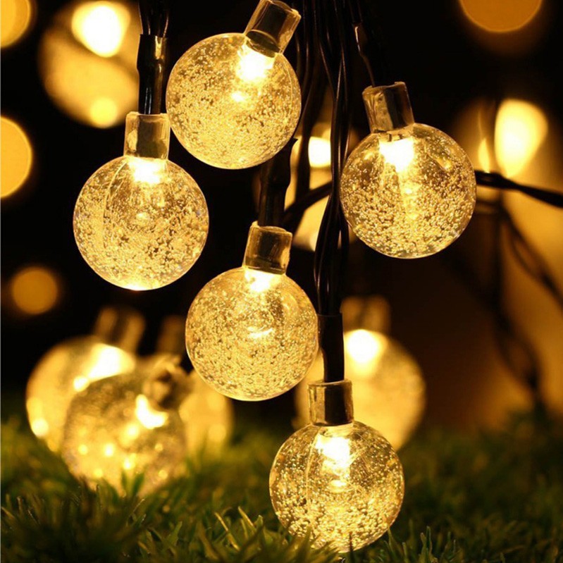 Instalatie Craciun, Tip Globuri de cristal, 100 Led-uri, 12 metri, Alb cald, Energie solara, Senzor de lumina