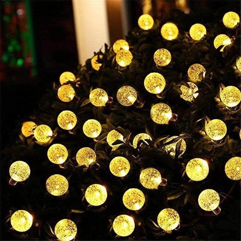 Instalatie Craciun, Tip Globuri de cristal, 100 Led-uri, 12 metri, Alb cald, Energie solara, Senzor de lumina