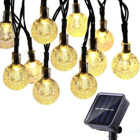 Instalatie Craciun, Tip Globuri de cristal, 100 Led-uri, 12 metri, Alb cald, Energie solara, Senzor de lumina
