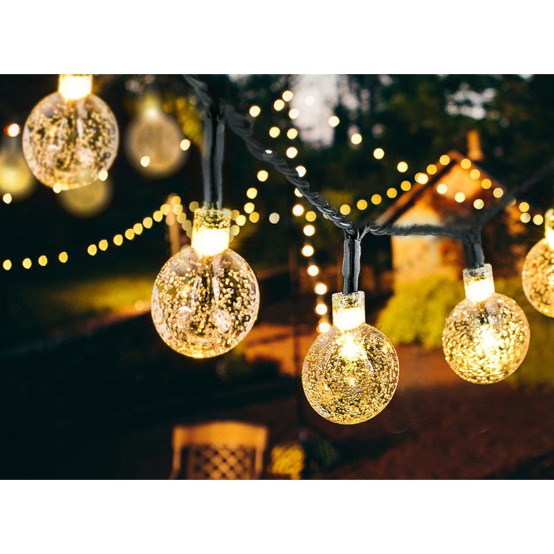 Instalatie Craciun, Tip Globuri de cristal, 100 Led-uri, 12 metri, Alb cald, Energie solara, Senzor de lumina