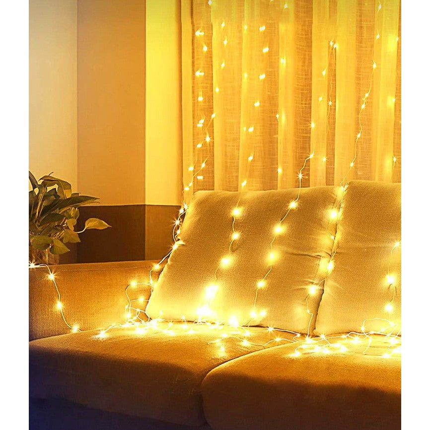 Instalatie Craciun, Tip Perdea IP44, 3m x 3m, 300 Led-uri, Alb cald, USB si telecomanda cu 8 functii