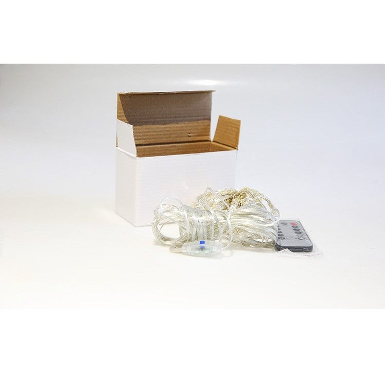 Instalatie Craciun, Tip Perdea IP44, 3m x 3m, 300 Led-uri, Alb cald, USB si telecomanda cu 8 functii